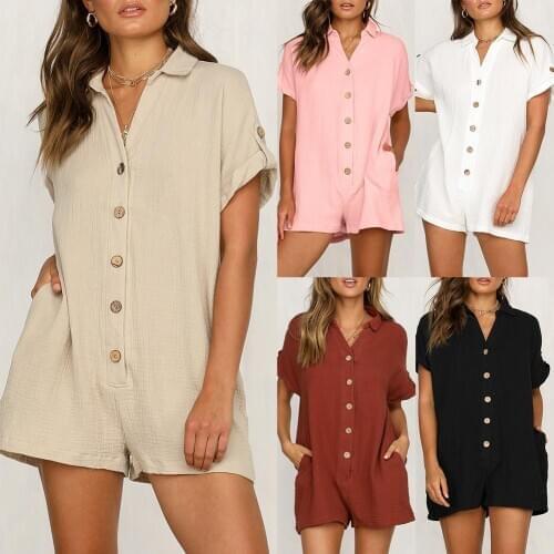 Summer Single Breasted Solid Color Short Sleeve Jumpsuit Women Shorts Romper