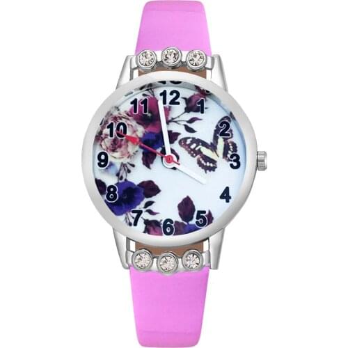 Fashion Cartoon pretty Butterfly flower Crystal style Childrens Watches Kids Student Girls Quartz leather Wrist Watch JG07