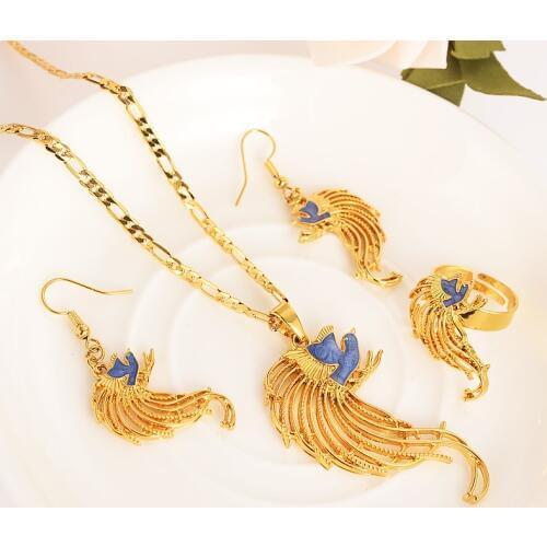 Handmade crystal bird Pendan Necklaces Earrings Gold Color PNG Jewellery Set Papua New Guinea Wedding party women girls gifts