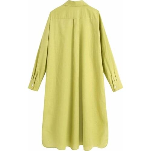 Evfer Women Casual Single Breated Nice Za Solid Linen Long Loose Dresses Female Turn-Down Collar Summer Yellow Chic Shirt Dress