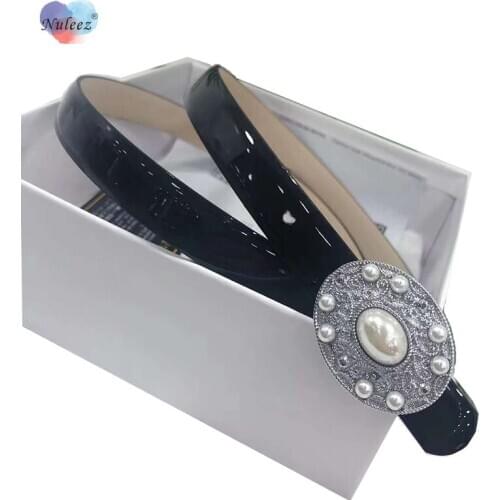 Nuleez Belt Women Genuine Patent Leather Elegant Pearl Decoration Candy-Colored Patent-Leather Light Lady Dress accessory