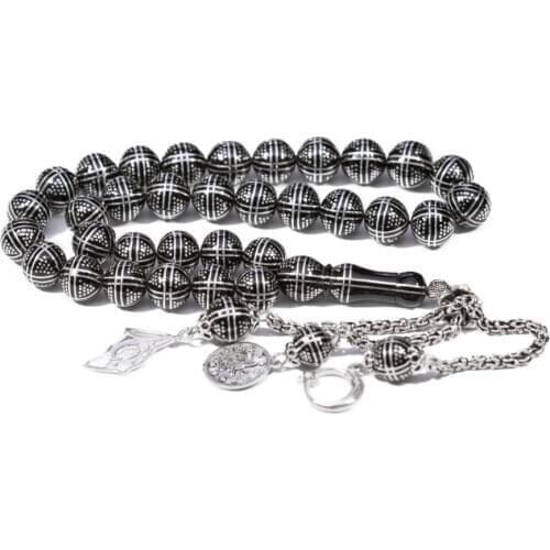 Silver Natural Jet Stone Prayer Bead With Silver Tassel Men Striped Rosary Islamic Tasbih With Crescent Star Tassel 925k Silver