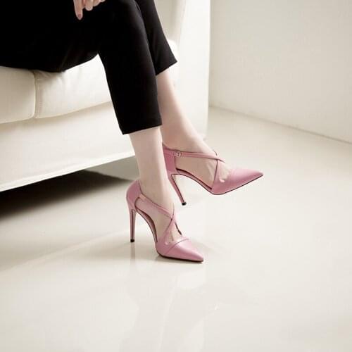 Spring new style all-match pointed toe hollow stiletto single shoes large size small size banquet dress female sandals 31-44