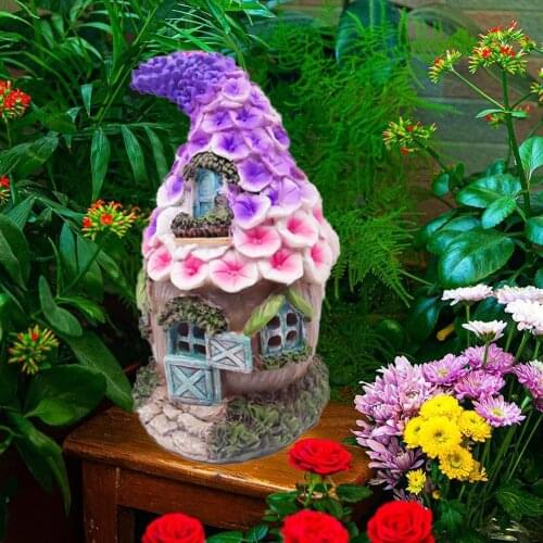 Fairy House Solar Garden Ornament Pixie Lawn Secret Gift Purple Pink Flower Roof Solar House Interior Decoration