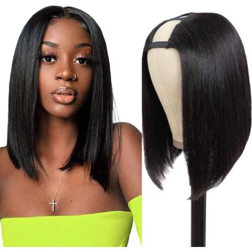 U Part Bob Wigs Short Straight Wigs Synthetic Hair Clip in Half Wig African American Natural Black Color Heat Resistant 12inch