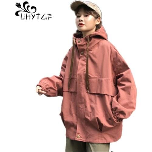 UHYTGF Women Basic Jackets Loose Hooded Plus Size Coats Tops Splice Spring Autumn Jacket Female Casual Long Sleeves Coats X265