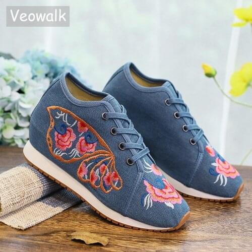Veowalk Women Casual Canvas Hidden Platform Shoes Cotton Embroidered Lace Up Vintage Ladies Walking Sneakers Zapatos Mujer