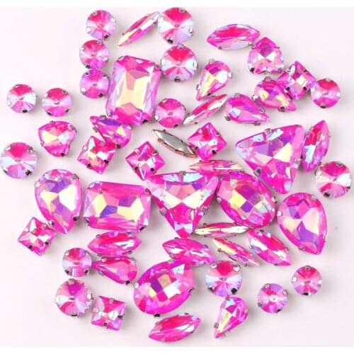 Silver claw setting jelly candy Fuchsia AB 50pcs/bag shapes mix glass crystal sew on rhinestone wedding dress shoes bag diy