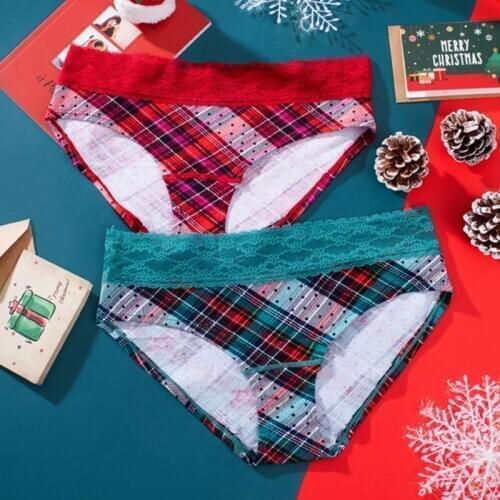 Women Lace Briefs Christmas Style Panties S-XL Female Underpants Lace Plaid Underwear Cotton Panty Fashion Girls Underwear