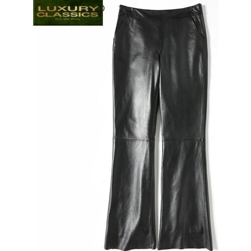 Size Genuine Leather Plus Pants Women Spring Clothes Flare Pant Real Sheepskin Black Trousers Elegant Ladies 2021 LWL1609