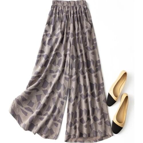 Womens 100% Pure Silk Thin Loose Type fashion length Pants Khaki Light Print pants L1225