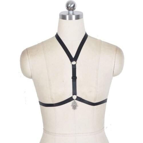Women Harness Elastic Cupless Hollow Out Strappy Crop Top Pentagram Hamsa Fatima Hand Body Caged Bra Black reggicalze lingerie