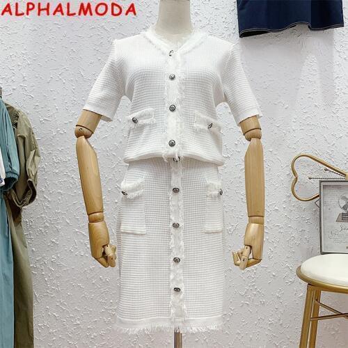 ALPHALMODA 2020 Fall Tassel V-neck Elegant Knitted Skirt Set Women Black White Short-sleeved Cardigans A-line Skirt 2pcs Suit