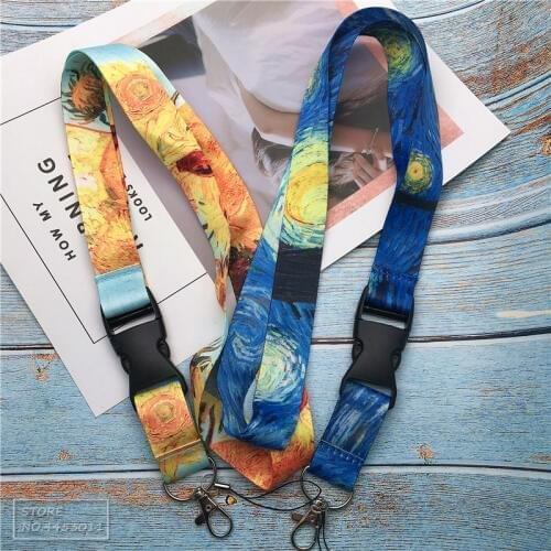 50pcs/lot Lanyard for Oil painting Starry sky sunflower Neck Strap Lanyards for phones ID Card Straps USB Badge Holder
