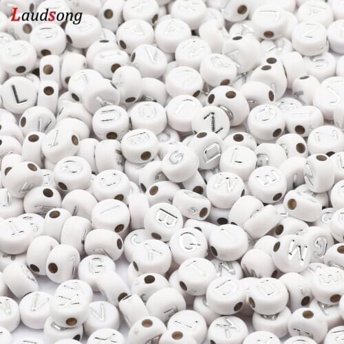 7mm White Silver Color Mixed Letter Acrylic Beads Round Flat Alphabet Loose Beads For Jewelry Making Diy Bracelet Necklace
