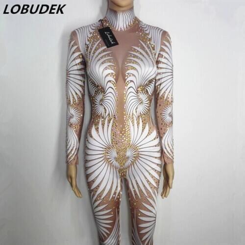 3D Printed Rhinestones stretch sparkly Jumpsuit Stage Wear bodysuit Occident Bar Singer Nightclub Dance Performance Costume