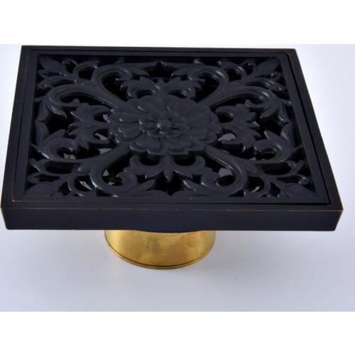 Black Oil Rubbed Bronze Carved Flower Pattern Bathroom Shower Drain 4" Square Floor Drain Waste Grates ahr064