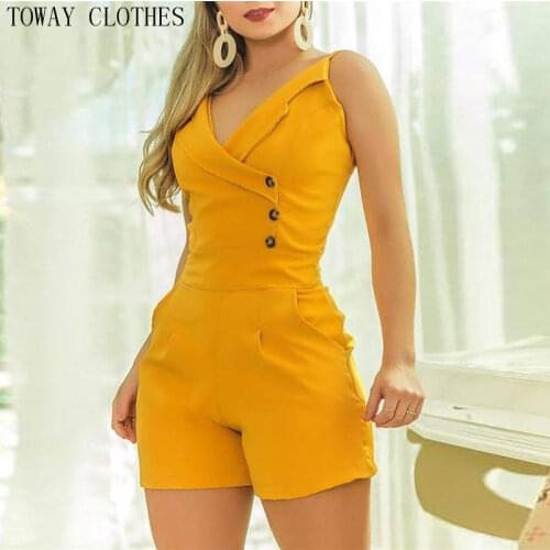 2020 S-5XL Summer Women Elegant OL Style Casual Playsuit Female Leisure Short Jumpsuit Solid Spaghetti Strap Buttoned Romper