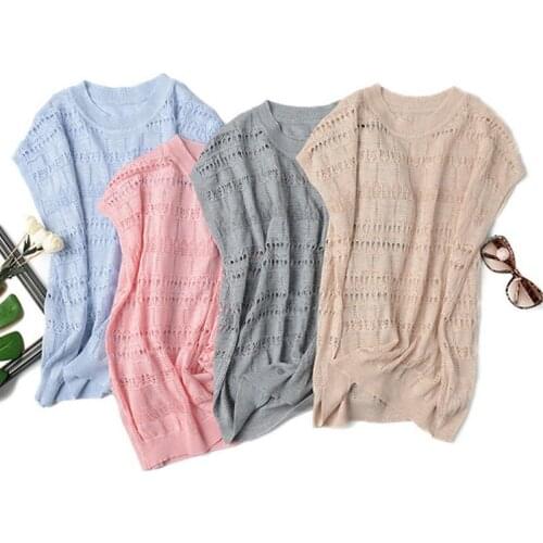 Summer T Shirt Sleeveless Women Wool Knitted Tees Tops Korean Style Lazy Hallow Out O Neck Tshirt Jumper Female