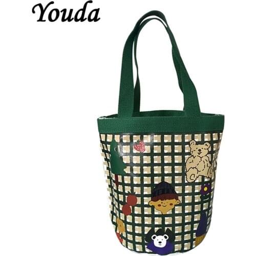 Youda Tote Canvas Bag Reusable Shopping Bags Womens Little Bear Cartoon Shopper Pack Green Grid Handbag Lunch Tote Lunch Packs