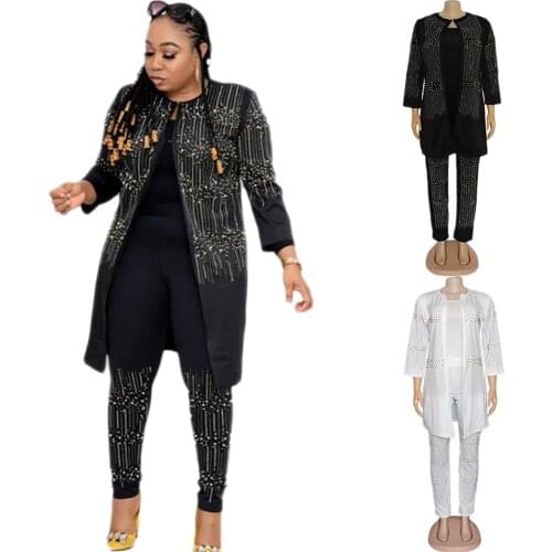 3 Pieces Set Africa Clothes African Dashiki Rhinestone Beads Suit Top Jackets Trousers Party For Women Long Sleeve Outfits