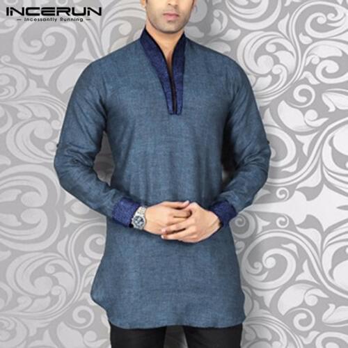 Men Indian Clothing Shirt Casual V Neck Streetwear Long Sleeve Vintage 2021 Camisa Patchwork Men Suit Shirts S-5XL INCERUN