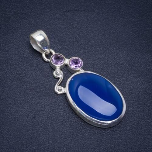 Natural Chalcedony and Amethyst Handmade Unique 925 Sterling Silver Pendant 2" B3233