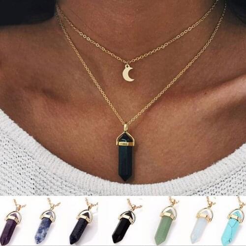 Moon Heart Shape Choker Necklace Natural Stone Hexagonal Column Necklaces Pendants Fashion Bullet Crystal Necklace Women Jewelry
