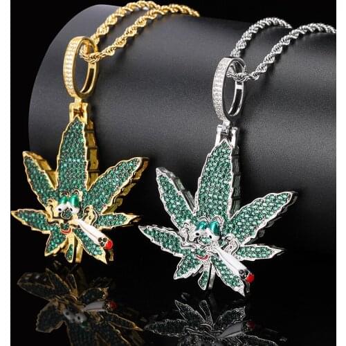 Hip Hop Bling Iced Out Cubic Zircon Green Leaf Pendants & Necklaces Copper Necklace For Men Jewelry With Tennis Chain