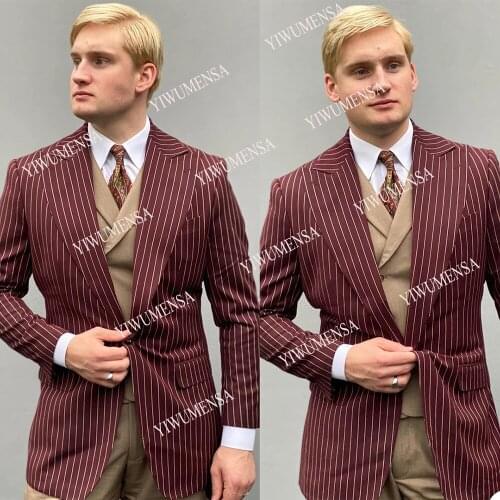 Burgundy White Stripe Jacket Champagnes Vest With Pants 3 Pieces Groomsman Wedding Party Blazers Mens Formal Suits Tuxodes 2021