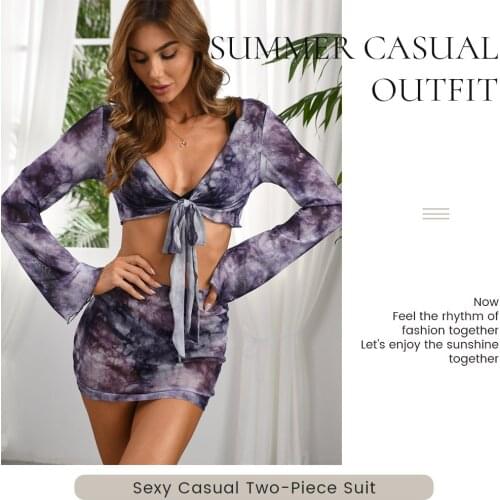 Sexy Women Tie Dye 2 Pieces Suit Cover-Ups Long Sleeve Tie Knot Front Cropped Top with Mini Skirt Sets Bathing Suit Beachwear