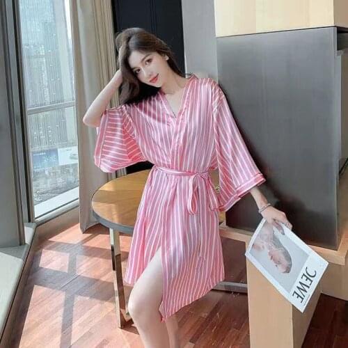 Summer Sleepwear Women Sexy Print Flannel Homewear Big Size Full Sleeve Robe Belt Nightdress Clothes Fashion Stripe Pjs