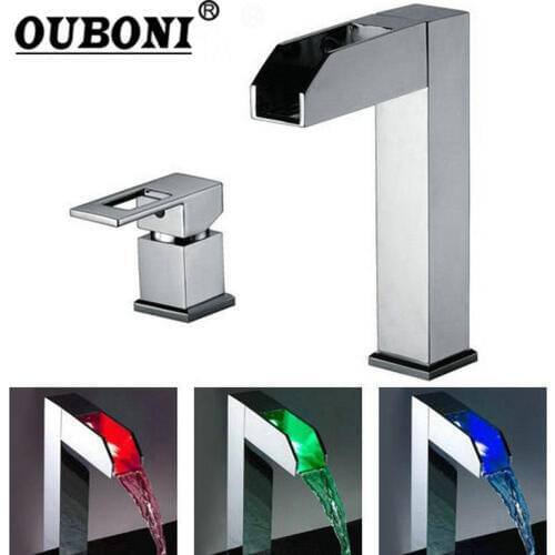 Bathroom Basin Led Faucet Water Power Basin LED Mixer Chrome Plated 2 PCS Faucet Set Waterfall 3 Colors Faucet Mixers & Taps