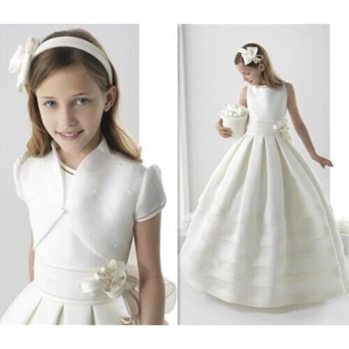Vintage Girls First Communion Dress Ball Gown Satin Pearls Little Princess Pageant Dress Birthday Gown Communion Vestidos