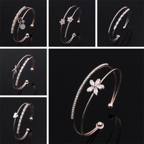 Vintage Flower Crystal Open Bracelets & Bangles For Women Adjustable Double Rows Gold Silver Color Fashion bracelet Pulseiras