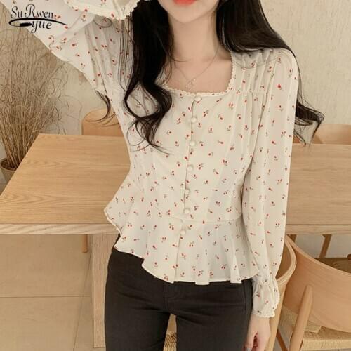 2021 Chic Korean Vintage Floral Sweet Square Collar High Waist Blouses All Match Women Slim Street Wear Cute Short Shirts 10111