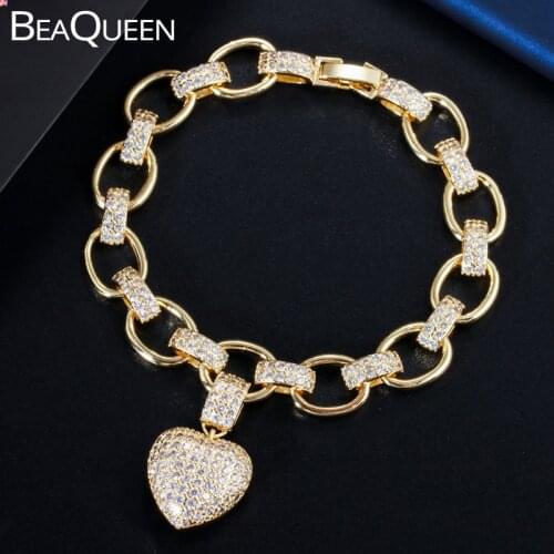BeaQueen Luxury Designer Full Cubic Zirconia Paved Love Heart Fit Beads Charm Bracelets for Women Yellow Gold Color Jewelry B179