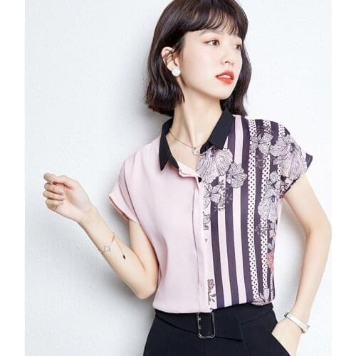 Womens Top Short Sleeve Loose Printed Chiffon Blouses Top Summer 2021 Blouses and Shirts