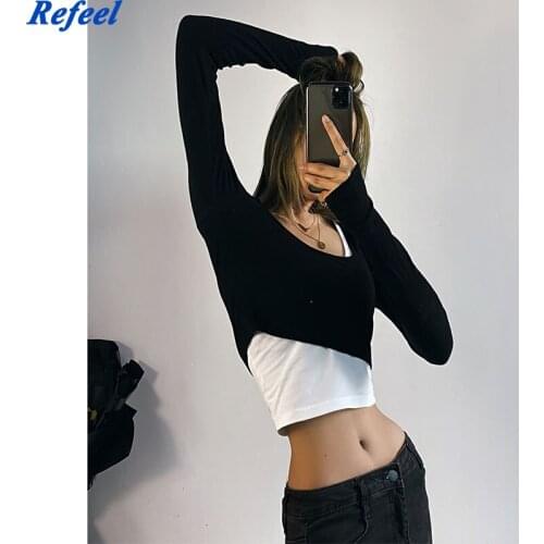 ZA new Women Autumn Crop Top Retro girl Splicing knitted Camis irregular SportSweater Two layers Casual Knit vestidos