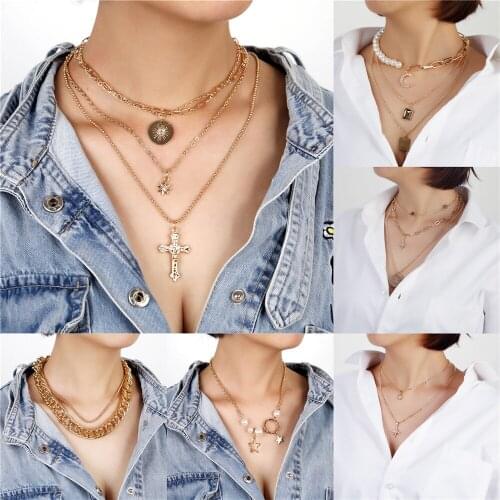 Boho Fashion Gold Punk Chain Star Cross Crystal Sun Pendant Necklace For Women Multilayer Choker Vintage Multi-style Jewelry Gif