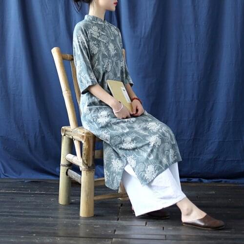 Women Loose Retro Printed Qipao Dress Ladies Vintage Chinese Style Dress Female Cheongsam Dresses 2020 Sumemr Autumn