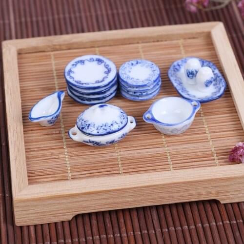 15Pcs/set Dollhouse Mini Ceramics Tableware Bowl Food Dishes Plates Kitchen Toy Miniature Pretend Play Kitchen Toy