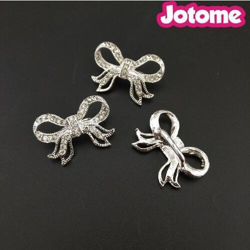 20pcs/lot 25mm Bow Shaped Rhinestone Silver Plated Button Wedding Brooch Pin Pendant For Wedding Invitation Card Decoration