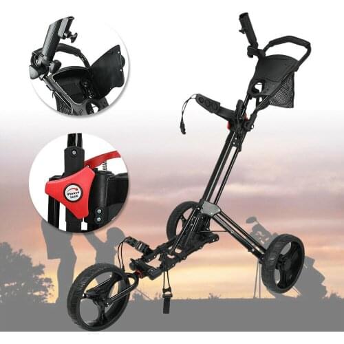 3 Wheels Stand Foldable Golf Trolley Golf Push Pull Trolley Cart with Umbrella Holder Golf Cart Bag Carrier