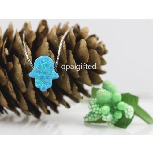 Promotion!! OP73 Green Blue 11*13mm Synthetic Opal Hamsa/Hand Necklace 925 Silver Sterling Opal Hamsa Necklace