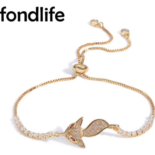Shiny White Cubic Zirconia Crystal Fox Charm Chain Bracelet Women Girl Simple Brass CZ Fashion Micro Pave Full Stones Jewelry