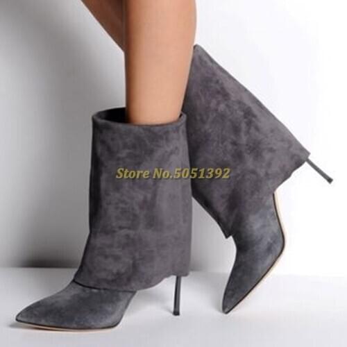 Metal Blade Heels Winter Autumn Suede Boots Pointed Toe Short Boots Women Metal Thin High Heel Ankle Boots Grey Black Booties