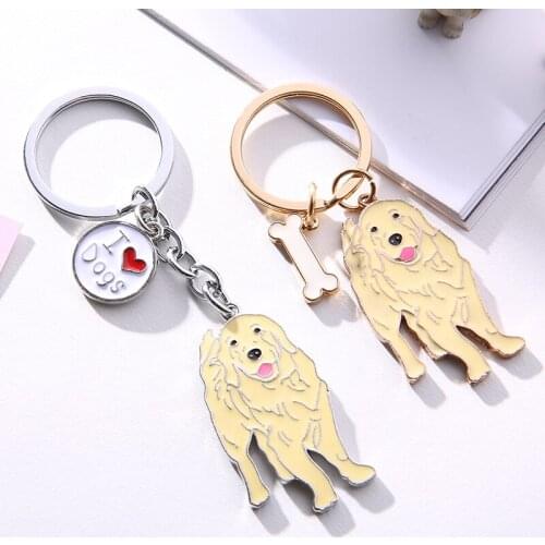 Golden Retriever Dog Keychain Fashion Animal Pet Gold Silver Metal Pendant Keychain for Women Men Bag Car Key Ring Love Jewelry