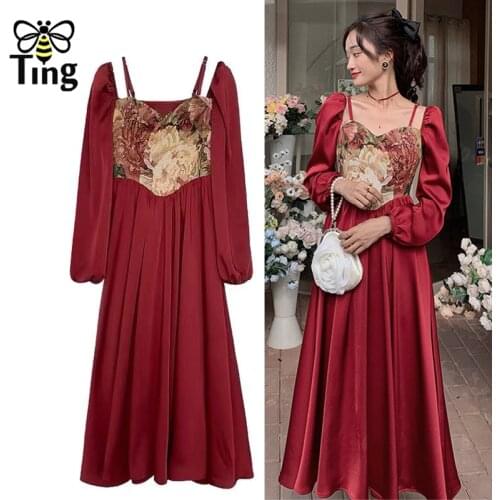 Tingfly Vintage Elegant Floral Red Princess Midi Long A Line Dress Monet Painting Party Dinner Dresses Vestidos Princess 4 Girls