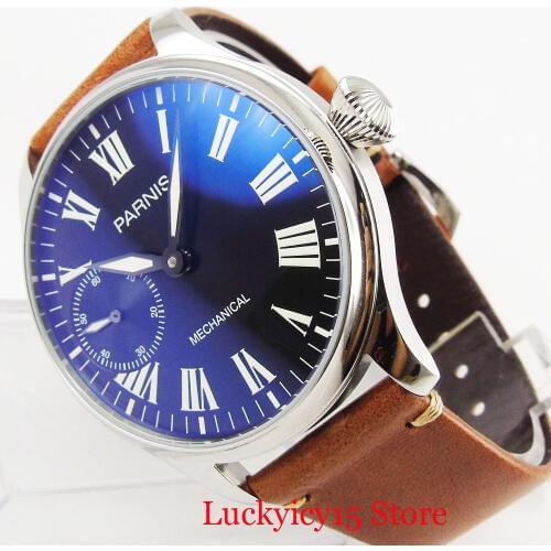 Mechanical Blue Fashion Round Men Wristwatch 6497 Movement Leather Strap 44mm SS Case Hand Winding Watch